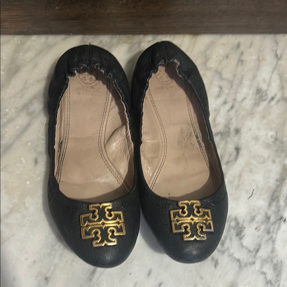 Tory Burch Melinda Black Flats with Gold Emblem